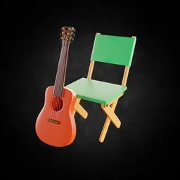 Detailed 3D model of a classical guitar next to a green folding chair optimized for Blender rendering.