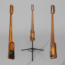 3D-rendered electric Upright Bass with tripod, featuring root wood body, Jatoba fingerboard, and AeroSilk piezo system.