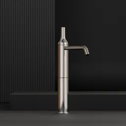 Detailed 3D rendering of a modern stainless steel kitchen faucet on a dark background, suitable for Blender.