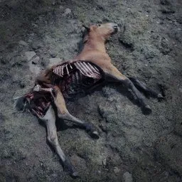 Detailed Blender 3D photoscan of a decomposed equine cadaver for realistic environment elements.