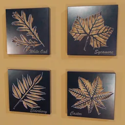 High-quality 3D leaf wall art models showcasing White Oak, Sycamore, Elderberry, and Castor for Blender 3D projects.