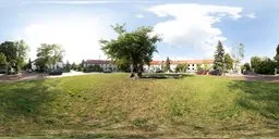 High-resolution sunny urban square HDR for realistic lighting and shadow rendering in 3D scenes.