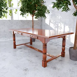 Detailed 3D rendering of a vintage wooden table with ornate legs, ideal for Blender 3D projects.