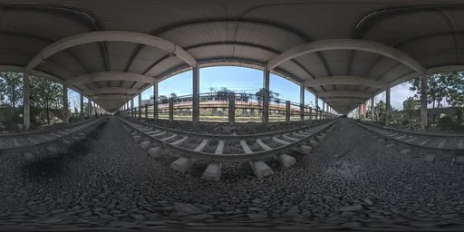 360-degree HDR image featuring an abandoned railway platform with tracks and vintage ambiance for scene lighting.