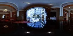 360-degree HDR image of a spacious hotel interior showcasing a luxurious lobby, dining area, and bar lighting setup.