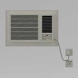 "Low poly 3D model of a window type air conditioner with attached power strip and wires, suitable for game, AR, VR or rendering. Created with Blender 3D software. Perfect for household appliances category in BlenderKit."