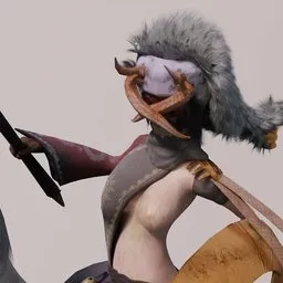 Detailed fantasy 3D character model with fur hat and leather gear for Blender animation and game design.