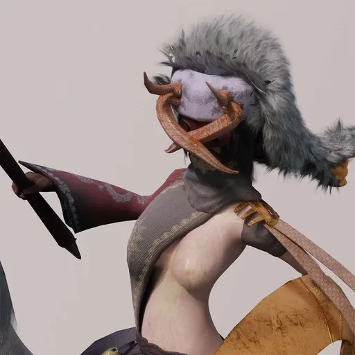 Detailed fantasy 3D character model with fur hat and leather gear for Blender animation and game design.