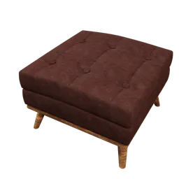 Detailed 3D model of a tufted leather ottoman with wooden legs, perfect for interior rendering in Blender.