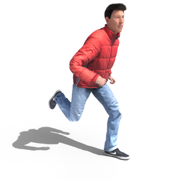 Detailed 3D human model in motion with rig and dynamic shadow, ideal for Blender animation projects.