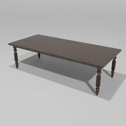 Elegant dark wood Blender 3D model dining table with detailed turned legs for formal and cozy scene setups.