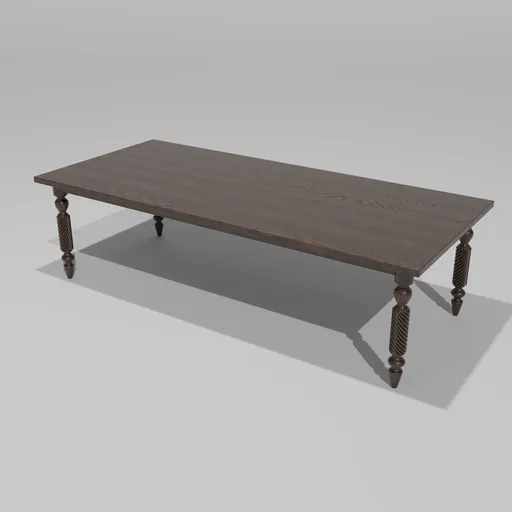 Elegant dark wood Blender 3D model dining table with detailed turned legs for formal and cozy scene setups.