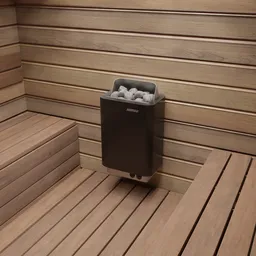 Detailed 3D rendering of an electric sauna heater with rocks, compatible with Blender for sauna design visualizations.