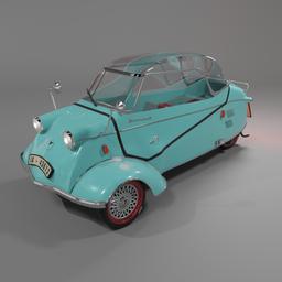 Detailed 3D model of a Messerschmitt cabin scooter, historic vehicle rendered in Blender with clear canopy and retro design.