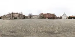 Cloudy winter panorama of a cobbled plaza, surrounded by historic buildings in Warsaw for 17k HDR lighting.