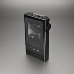"Kann max Astell&Kern music player in black and gold color with attached camera and luxurious design. This high-quality 3D model created in Blender 3D is perfect for audio enthusiasts, featuring neo-classical and magitek inspired elements. Get inspired by this official render, with focus on two androids and suitable for doom metal and other music genres."