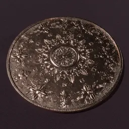 Detailed 3D copper coin with intricate floral patterns, created using Blender and zBrush with 4k textures.