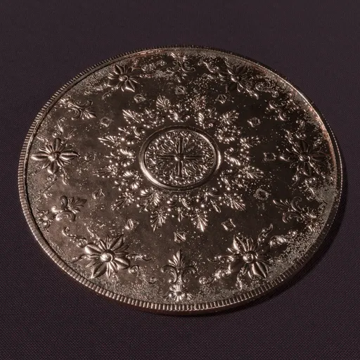 Detailed 3D copper coin with intricate floral patterns, created using Blender and zBrush with 4k textures.