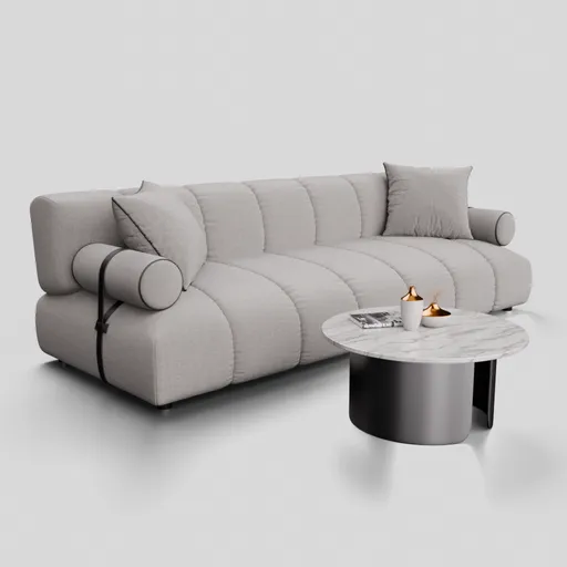 3D render of a contemporary 3-seater fabric sofa and matching table, designed for use in Blender modeling projects.