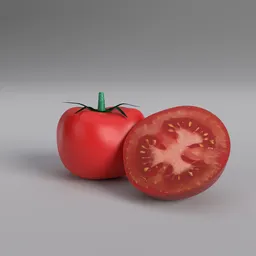 Detailed 3D tomato model showing a whole and a half-cut fruit, optimized for Blender with realistic textures.