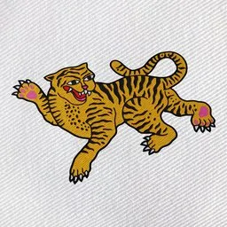 "Embroidered Tiger Sew-On Patch for Blender 3D Model: A detailed and lifelike tiger design on a white towel with a pink paw. This 3D model, created using Blender 3D software, features accurate textures rendered from procedural nodes for optimal realism."