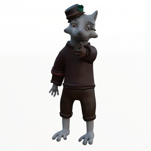 Stylized anthropomorphic fox 3D model with hat and sweater, compatible with Blender, ready for animation.