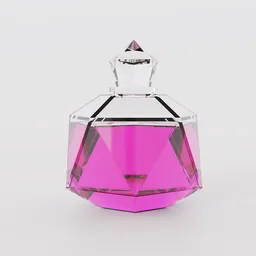"Crystal shaped perfume bottle with glass stopper and liquid - 3D model for Blender 3D. Photorealistic rendering of a pink glass bottle with diamond shaped top, inspired by Enguerrand Quarton's art and presenting a magic gem called superbia. Perfect for potion making."