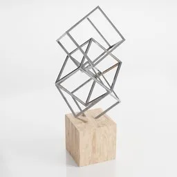 Intricately designed Blender 3D model featuring balanced metal cubes on a wooden base, perfect for modern decor concepts.