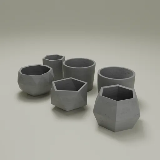 Realistic 3D-rendered geometric concrete planters for Blender design projects.