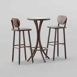 Detailed 3D render of a bistro bar set, featuring two stools and a table, ideal for Blender 3D architectural visualization.