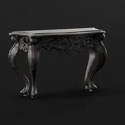 "Classic Console 01" - A highly detailed, neo-gothic inspired wooden table rendered in anime CGI style with intricate ornate carvings. Created by Kirill Sannikov using Blender 3D software. Perfect for adding a touch of Chinese art to your 3D scenes.