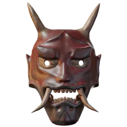 Detailed 3D rendering of a traditional Japanese Oni demon mask with red and black paint and horn details.