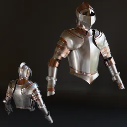 High-quality, low-poly Blender 3D model of antique warrior armor with metallic finish for game design and digital scenes.