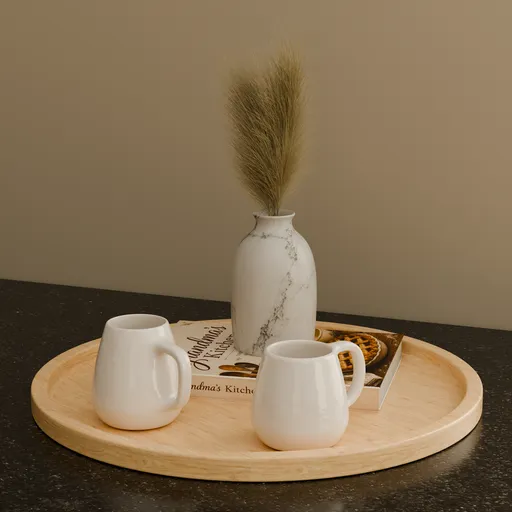 Wooden Tray with Mugs and Vase