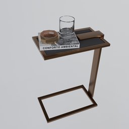 "3D model of a symmetrical side table in Blender 3D, featuring a glass of water, donut, ashtray, and made of bog oak. Perfect for adding a touch of realism to your interior design scenes."