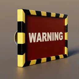 3D rendered caution sign with bold font, striped border, metallic texture, in Blender format for industrial use.