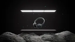 Photorealistic Blender 3D outdoor scene with headphones on rocky surface under illuminating light bar.