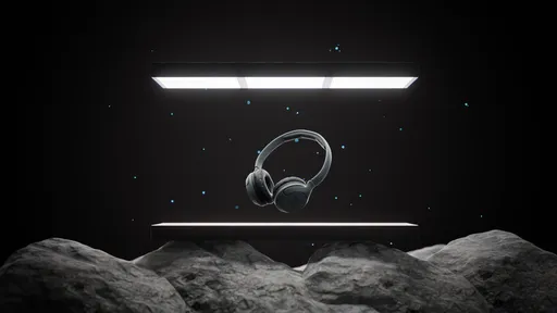 Photorealistic Blender 3D outdoor scene with headphones on rocky surface under illuminating light bar.