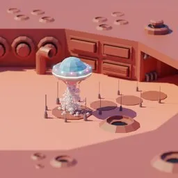 Detailed 3D Blender model of an alien spaceport with spaceship taking off, featuring simple animations and particle effects.