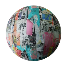 Weathered apocalyptic advertisement paper PBR texture for 3D modeling in Blender with bump and displacement mapping.