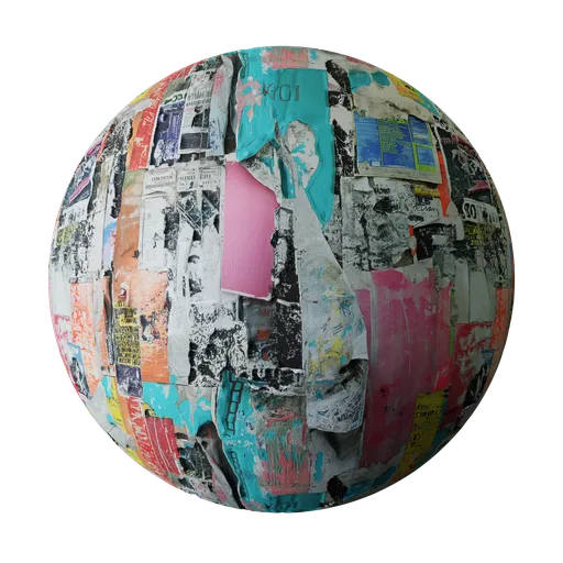Weathered apocalyptic advertisement paper PBR texture for 3D modeling in Blender with bump and displacement mapping.