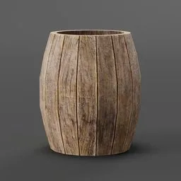"Small wine barrel 3D model for Blender 3D, perfect for medieval scene decoration. High detail texture and design inspired by James Ryman, featuring a wooden vase with handle on a gray background."