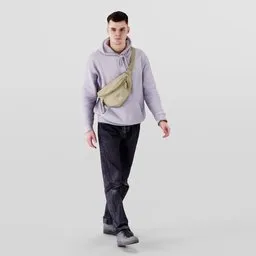 Realistic 3D model of a young man with lilac hoodie and chest bag for Blender animation.