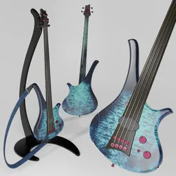 "Marleaux Diva 4 Royal Blue Fretless Premium Electric Bass 3D model for Blender 3D. Longscale, 4 strings, passive pickup, designed with chic blue color scheme. Includes Bulldog guitar stand and guitar strap."