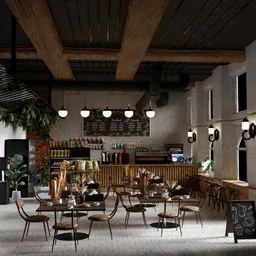 Realistic 3D-rendered loft-style cafe scene with detailed textures and lighting, suitable for Blender 3D modeling.