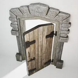 Low-poly 3D medieval castle door with PBR textures, stone arch, suitable for Blender 3D projects.