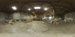360-degree panorama of a well-lit warehouse interior with pipes and construction materials.