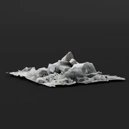 "Lowpoly 3D model of concrete rocks inspired by photogrammetry cloud style, suitable for environment elements in Blender 3D. Game asset sheet in white-gray color palette, created with scanned data and reduced to 15K. Perfect for 2D and 3D game objects or terrazzo."