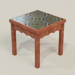 Detailed 3D small table model with ornate ceramic tile surface and simplified materialiq textures for Blender rendering.