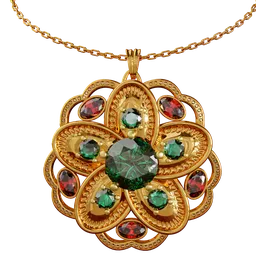 Detailed 3D render of a luxurious gold floral pendant with gemstones optimized for Blender.
